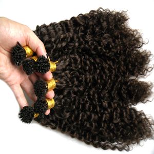 Mänskliga hår keratinförlängningar Kinky Curly 300g / Strands Mänsklig hårförlängning Jag Tips Förbundna Fusion Hair Extensions # 2 Darkest Brown