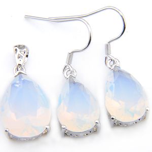 Luckyshine 2Pcs/Lot Earrings Pendants Sets Water Drop White fire Moonstone Gems 925 Silver Neckaces Holiday Party Gift Jewelry For Women