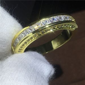 Мода пара Юбилейное кольцо Принцесса вырезать 5A Циркон Кристалл желтого золота заполнены партии обручальное кольцо кольца для женщин мужчины подарок