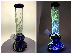 Blue Beaker Bongs Can Glow In The Dark Straight Tube Bong Tree Perc Glass Dab Oil Rigs Heady Water Pipes Rig DHL Free