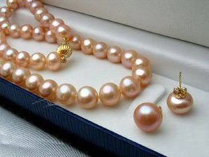 8 MM Natural Pink Akoya Cultured Pearl K GP necklace earrings set quot