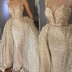 Shiny Gold Abiye Mermaid Long Evening Dresses With Detachable Train Flower Lace Evening Gowns Sequin Sexy Dress Formal Backless 2 Pieces