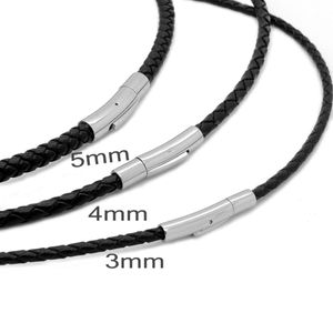3/4/5mm Mens Womens Black Braided Genuine Leather Cord Stainless Steel Secure Clasp Necklace Chain Wholesale Jewelry