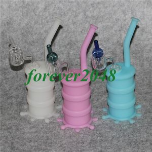 Pipa ad acqua narghilè con piattaforma petrolifera in silicone scuro con vero banger per unghie al quarzo e bong in silicone antiaderente con tappo in vetro per carpa