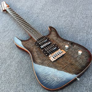 Custom Shop Flame Maple Top Chitarra elettrica trans nera con finitura lucida, ponte tremolo, accordatori bloccabili, intarsi Abalone Dot