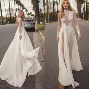 En linje strand Split Bröllopsklänningar Muse från Berta High Neck Långärmad Öppna Backless Bridal Gowns Chiffon Country Wedding Dress