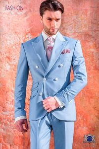 Moda Double Breasted Céu Azul Do Noivo Do Casamento Smoking Pico Lapela Groomsmen Mens Jantar Blazer Ternos (Jacket + Pants + Tie) NO: 1718