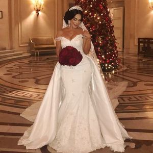 African Overskirts Wedding Dress Plus Size Lace Appliques Off The Shoulder Mermaid Women Dress Beads Sequins Bridal gowns