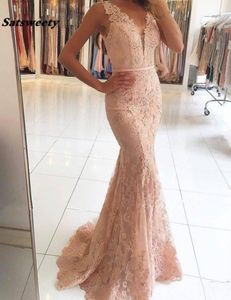 V-Neckline Illusion Back Mermaid Evening Dress vestidos de fiesta largos elegantes de gala Lace Long Prom Dresses