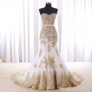 New White Mermaid and Gold Wedding Dress Real Photos Sweetheart Chapel Train Applique Lace Bridal Dress for Women Girls