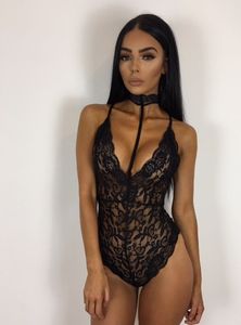 Rompers Solid Women Lace Floral Bodysuit Summer Skinny Shaper See Through Jumpsuits Women Halter VNeck Slim Fit Women Thin Curve Clothing