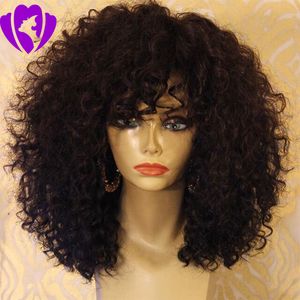 Transporte rápido 180% frente Densidade peruca com franja preta Kinky cabelo encaracolado Glueless sintético Lace Wigs da Mulher Negra