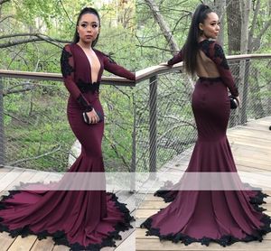 Prom Bury Mermaid Dresses Long Sexy Deep V Neck Black Applique Beaded Backless Floor Length Formal Party Wear Evening Gowns