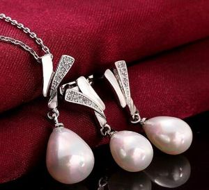 Wholesale silver pearl necklace earrings set for sale - Group buy Jewelry Silver Crystal Pearl Necklace Earrings Set