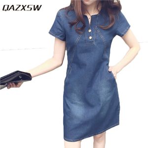 Qazxsw 2018 Плюс размеры платья для женщин летнее джинсовое платье Harajuku Женские повседневные джинсы платье с карманным vestidos feminino hb660