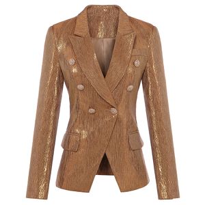 Yeni Moda Güz Kış 2017 Tasarımcı Blazer kadın Aslan Metal Düğmeler Kruvaze Blazer Ceket Dış Ceket Altın
