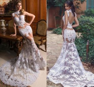 Sexy White Mermaid Lace Evening Dresses High Neck Illusion Saudi Arabic Long Prom Dresses Summer Formal Evening Gowns279M