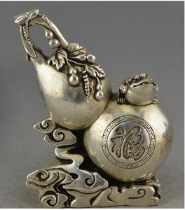 Chinese Silver Fengshui Wealth Bottle gourd Ru Yi Golden Toad Statue