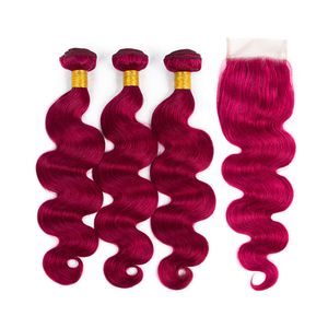 Colored Peruvian Human Hair Bundles Body Wave 99# Burgundy Hair Style Cheap Peruvian Remy Human Hair Weaves Deals With Closure