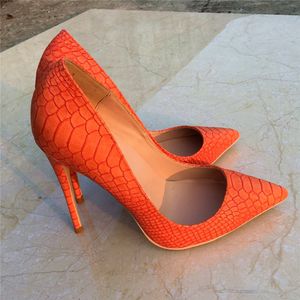 Gratis frakt Mode Kvinnor Pumpar Orange Snake Tryckt Sexig Lady Pointy Toe High Heels Skor Storlek33-43 12cm 10cm 8cm Party Shoes