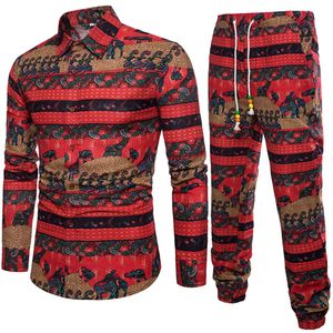 Homens Tracksuits Vintage Imprimir Homem Roupas 2018 Outono desgaste de Manga Longa Gentleman Suor Fato Masculino Viagens Conjunto de Viagem Linho Linha Calças Longas 5xl