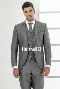 Yeni Tasarım Bir Düğme Gri Düğün Damat Smokin Tepe Yaka Groomsmen Erkek Yemeği Blazer Suits (Ceket + Pantolon + Yelek + Kravat) NO: 1592