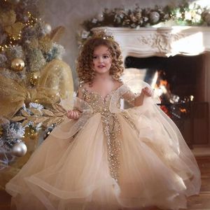 Abiti da concorso in oro Champagne abito da ballo maniche lunghe perle Applique in pizzo Principessa Tulle Ruffy Buffy Ruffles Kids Flower Girls Birthday Gowns