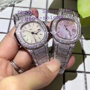 Luxury Woman's Watches Quartz Ronda Cal.585 ETA Ladies Watch Full Pave Bling Diamond Case Armband Mother Pearl Dial 33mm armbandsur