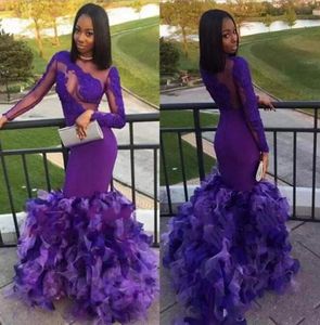 Splendidi abiti da ballo a sirena viola economici maniche lunghe Illusion Jewel Neck Ruffles Hollow Back Organza Evening Party Formal Dress