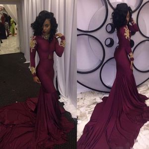African Wine Burgundy Mermaid Prom Dresses High-Neck Beads Gold Appliques Ruffles Reception Evening Dress Sexy Chapel Train Party Gowns