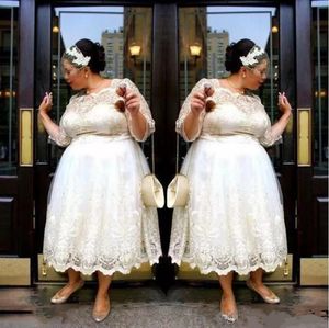Plus Rozmiar Krótkie Suknie ślubne 2019 Herbata Długość Koronkowa Aplikacja Plaża Suknie Ślubne Illusion Długie Rękawy Custom Made a Line Wedding Sukienka