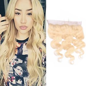 Malaysiskt mänskligt hår 13x4 spets front med babyhår 13 by 4 frontals body wave 613# färgblond 12-24 tum topp stängning