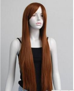 Ücretsiz kargo + + + + + Uzun Koyu Kumral Kahverengi Düz Peruk Cosplay yeni saç