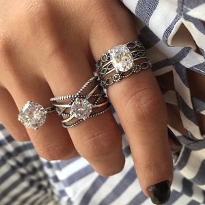 3pcs Big Cubic Zircon Wedding Knuckle Rings for Women Silver Color Crystal Finger Ring Set Boho Antique Female Jewelry