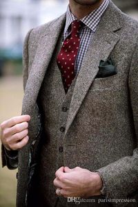 Autumn Winter Fashion Tweed Groom Tuxedo Excellent Man Blazer Notch Lapel Two Button Men Business Dinner Prom Suit(Jacket+Pants+Tie+Vest)932