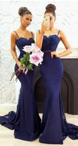 Sexy Navy Blue Mermaid Evening Dresses Sweep Train Elastic Satin Sheer with Applique Prom gowns Custom Made