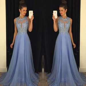 New Lavender Prom Dresses Lace Applique Beads Formal Long Bridesmaid Dresses A Line Crew Neck Zip Back Chiffon Party Gowns HY217