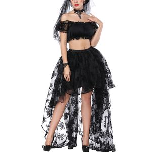 Ruffles Crop Tops Kvinnors Gotiska Oregelbundna Kjol Vintage Transparent Tulle Maxi Lace Floral Kjolar med Steampunk Off Shoulder Clothing Top