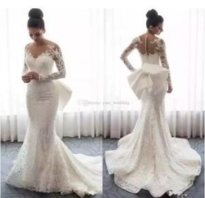 2019 Lace Mermaid Wedding Dresses Sheer Neck Long Sleeves Appliques bow Saudi Arabic bridal Gowns With Detachable Train buttons Br247Z