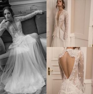 Ester Haute Couture 2019 Suknie ślubne z długim rękawem V Neck Illusion Lace Suknia Ślubna Robe de Mariée Beach Backless Wedding Dress Custom