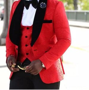 2019 Son Düğün Smokin Groomsmen Kırmızı Beyaz Siyah Şal Yaka Best Man Suit Damat erkek Blazer Custom Made Suits (Ceket + Pantolon + Kravat + Yelek)