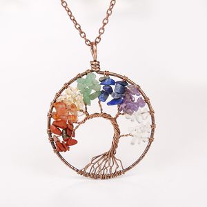 New Stylish Natural Gemstone Pendant Necklaces Chakra Jewelry Gravel Beads Round Tree Of Life Winding Reiki Pendant Necklaces For Women