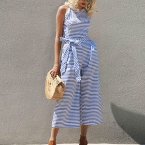 Elegant Sexy Jumpsuits Women Summer Bowknot Pants Playsuit Sleeveless Rompers Holiday Belted Leotard Overalls Office Lady Striped Jumpsuits