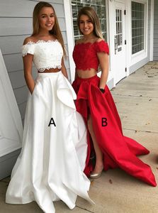 Moda Vermelho Branco alta Slit Prom Vestidos Longo Fora do ombro Lace Applique Sequins Beaded Ruched cetim 2 Pieces Vestido formal