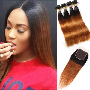 Indian Virgin Hair Extensions 1b/30 Straight With 4X4 Lace Closure Straight Human Hair 3 Bundles With Lace Closure 1B 30 Straight