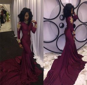 2K18 Afrikalı Siyah Kız Prom Elbiseler Uzun Kollu Altın Aplikler Ucuz Bordo Gece Elbisesi Denizkızı Resmi Parti Gowns Gerçek P219C