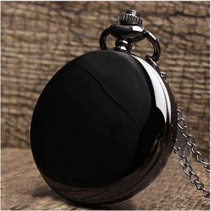 Classic Black Smooth Steampunk Pocket Watch Men With Fob Nacklace Chain Fashion Quartz Watch Mens Womens Gift reloj de bolsillo