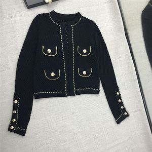 New design women's autumn o-neck long sleeve British style gold buttons patchwork hollow out knitted sweater cardigan coat short casacos