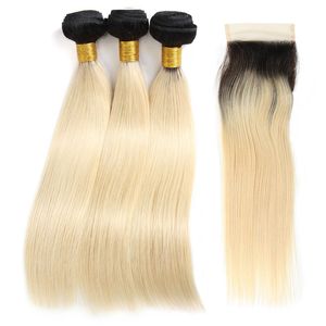 Ombre 1B 613 Fasci di capelli umani biondi con chiusura Tessuto di capelli umani lisci vergini brasiliani 3 fasci con estensioni dei capelli con chiusura in pizzo