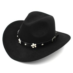 Nya mode män kvinnor ull blandar västra cowboy cap kyrka hatt bred brim sombrero gudfar mössa jazzhatt läderband med blomma